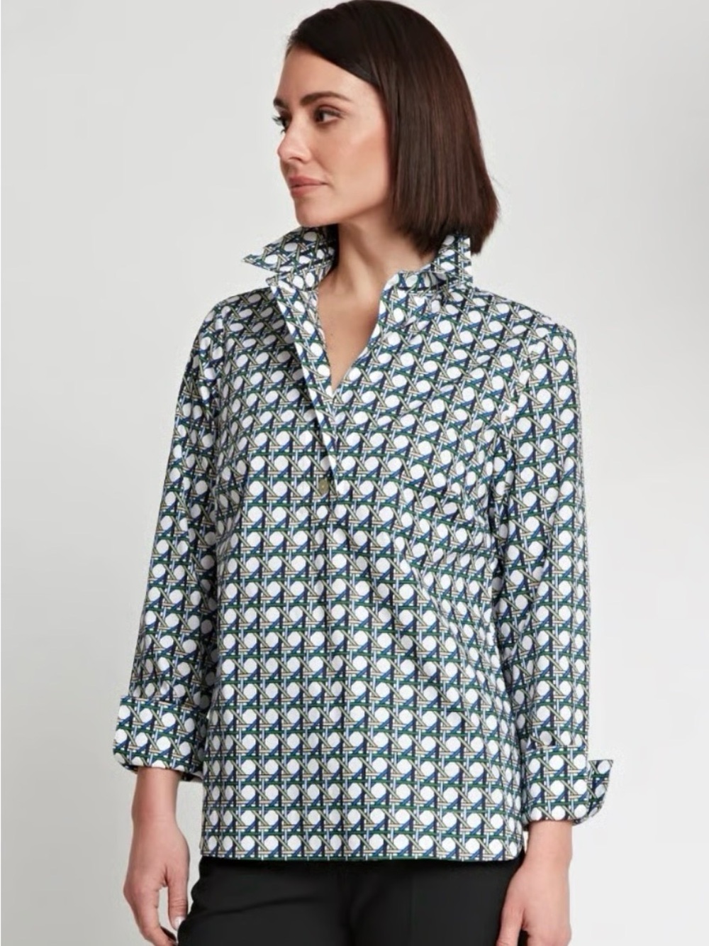 Hinson Wu Diane blouse Octagon geometric cotton button down shirt top 14 L XL